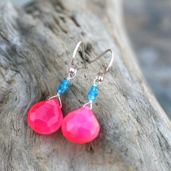 Hot Pink Chalcedony, Teal Blue Apatite Earrings - Picture 3 of 5